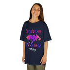 Young girl wearing a youth Gildan 5000B heavy cotton t-shirt in navy with a Dance Vibes All Day text and graphic