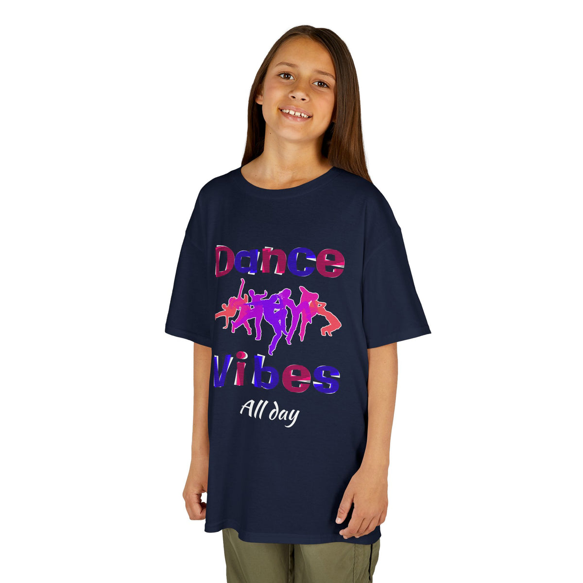 Young girl wearing a youth Gildan 5000B heavy cotton t-shirt in navy with a Dance Vibes All Day text and graphic