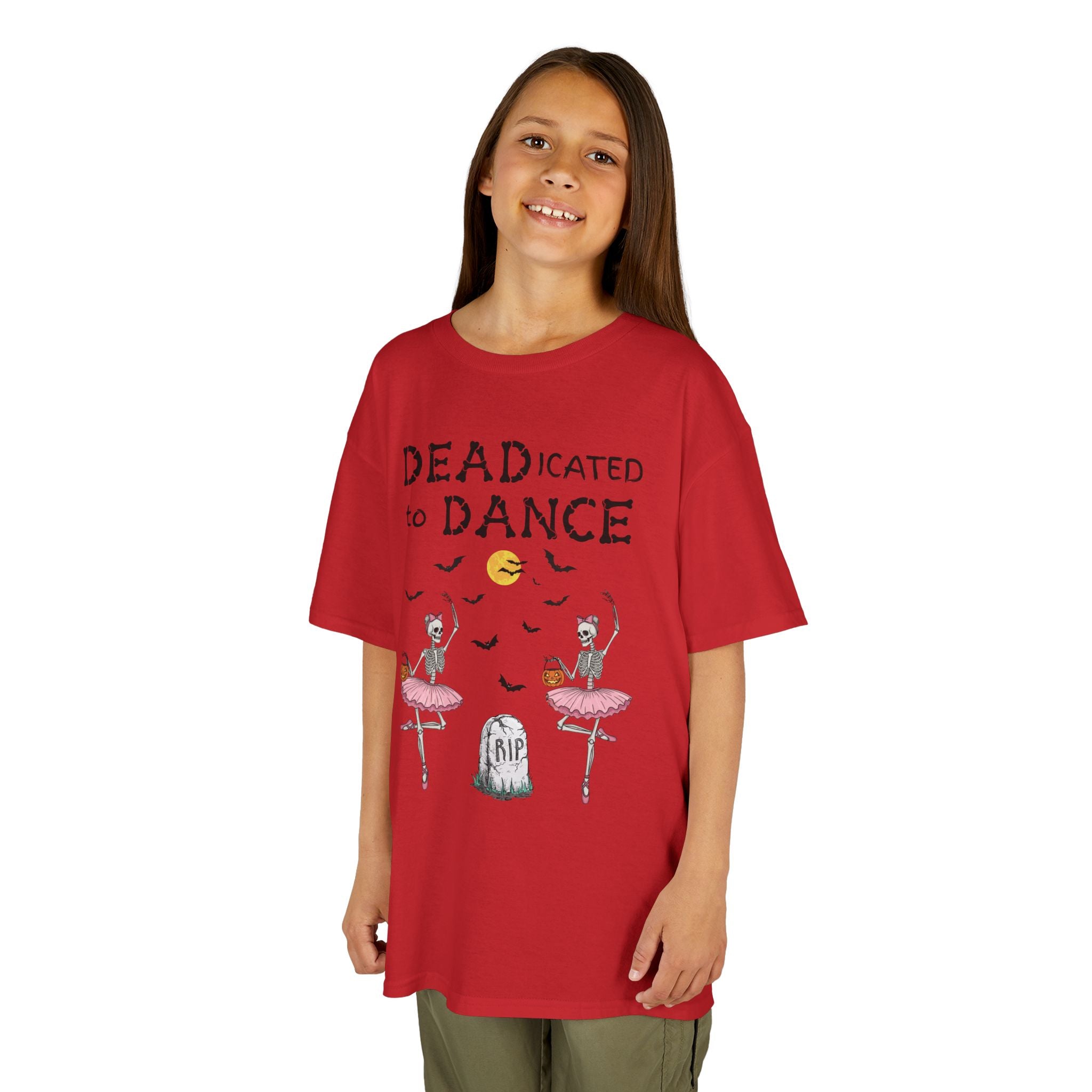 Young girl wearing a youth Gildan 5000B heavy cotton t-shirt in red with a Deadicated to Dance Halloween theme