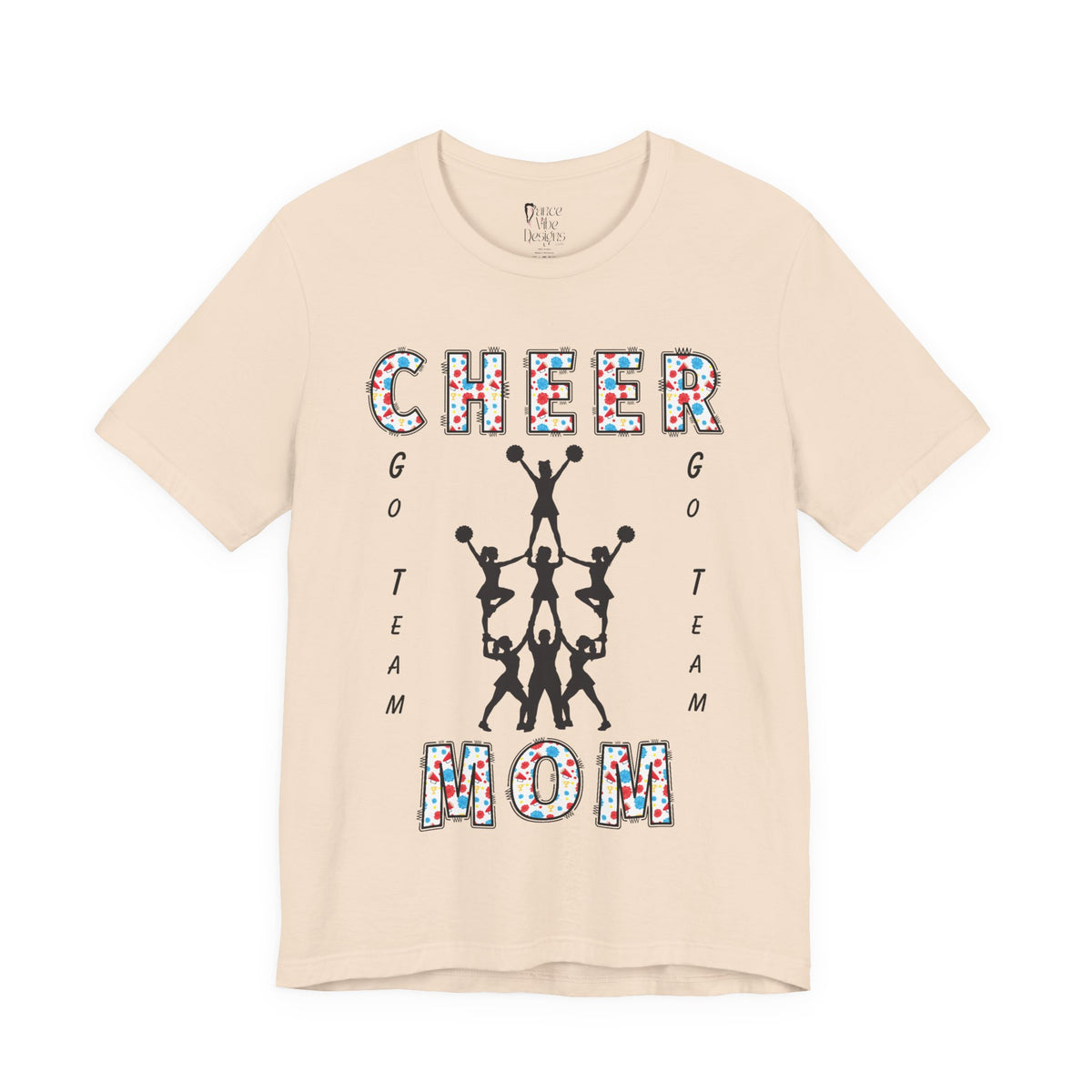A soft cream short-sleeve crewneck t-shirt featuring a CHEER GO TEAM MOM graphic on the front. 