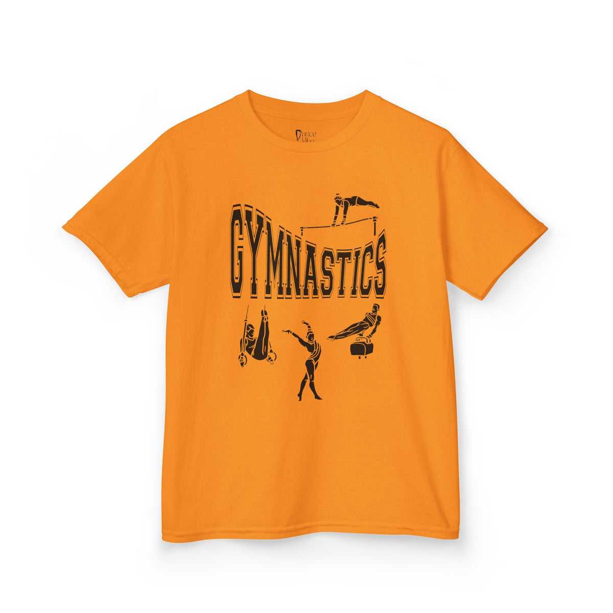 Front view of a youth Gildan 5000B heavy cotton t-shirt in tennessee orange with a gymnastics text and graphic