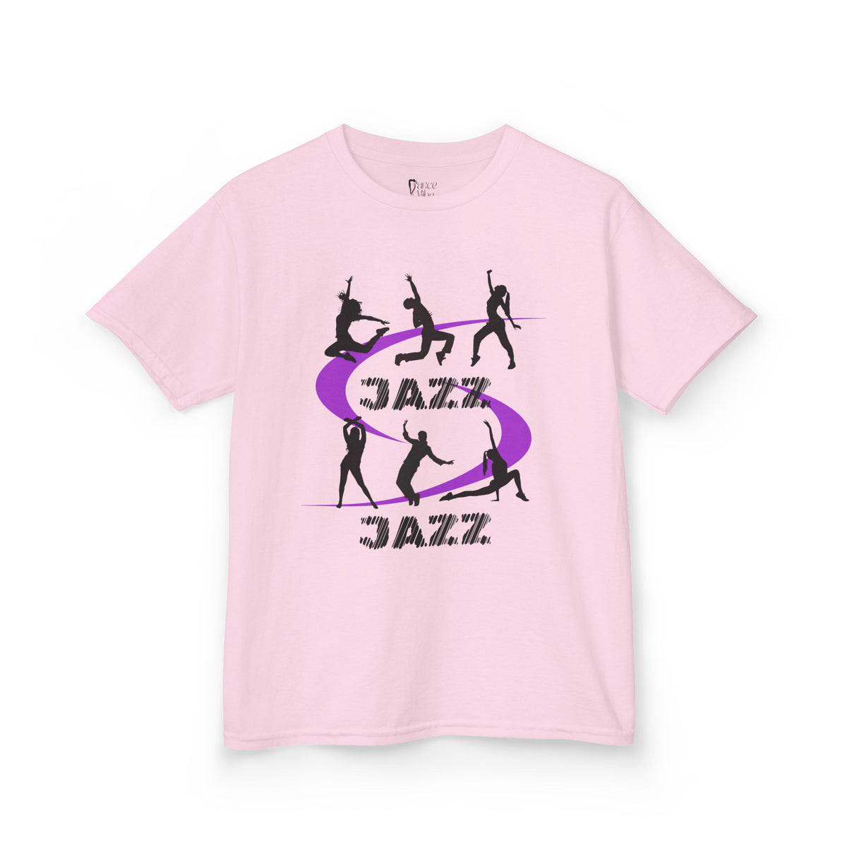 Front view of a youth Gildan 5000B heavy cotton t-shirt in light pink with a Jazz Dance text and graphic