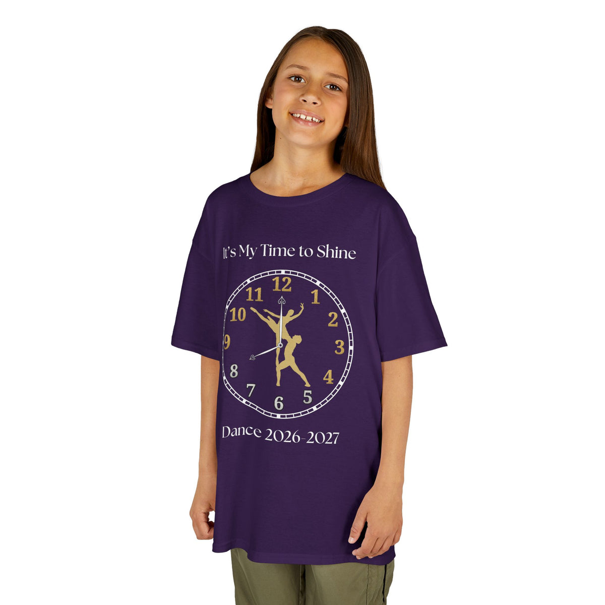 Young girl wearing a youth Gildan 5000B heavy cotton t-shirt in purple with a Ballet Couple 2026-2027 design