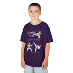 Young boy wearing a youth Gildan 5000B heavy cotton t-shirt in purple with a Martial Arts text and graphic