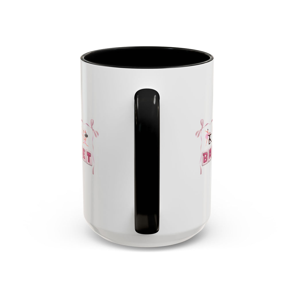 15oz white ceramic Ballet mug with black handle and interior Handle view