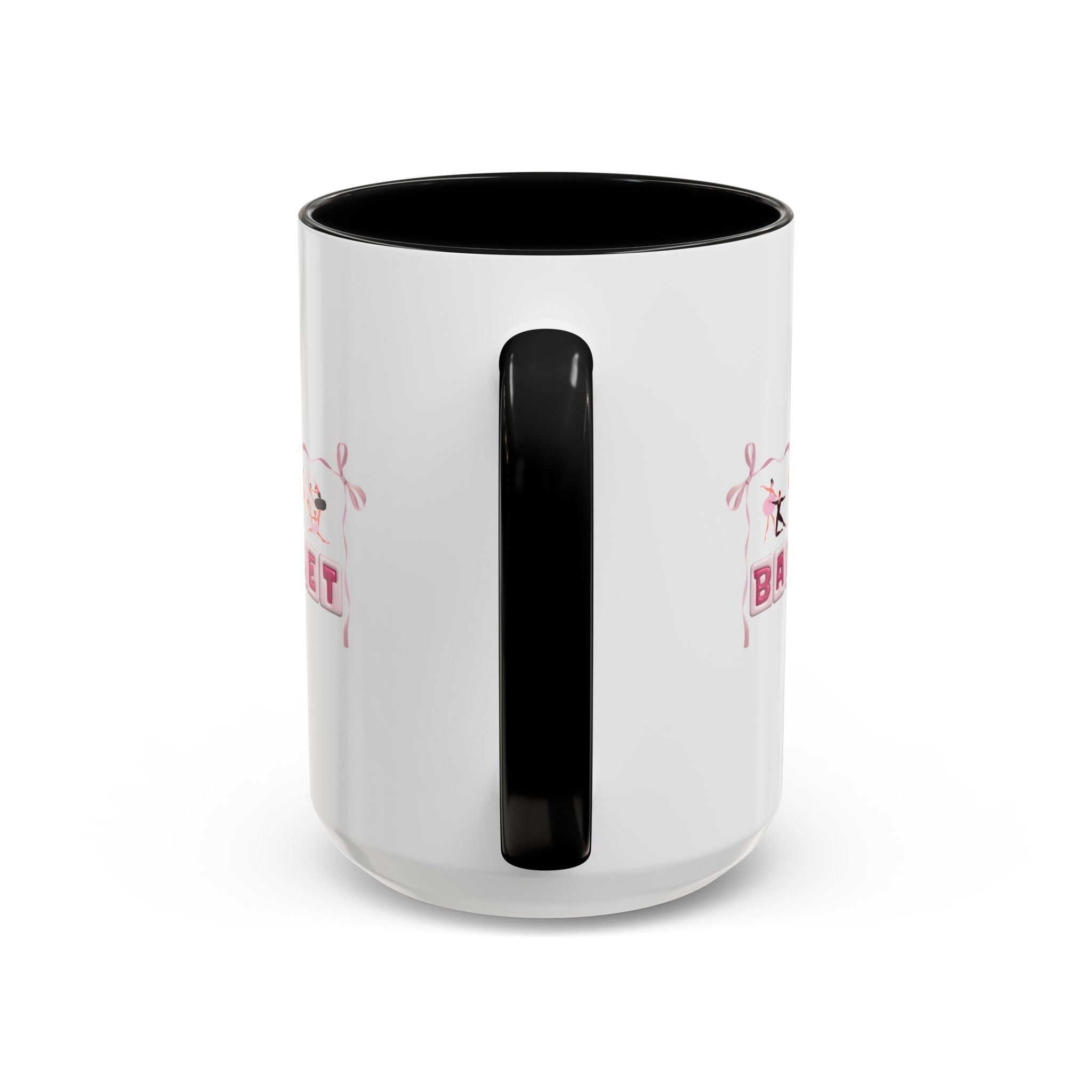 15oz white ceramic Ballet mug with black handle and interior Handle view
