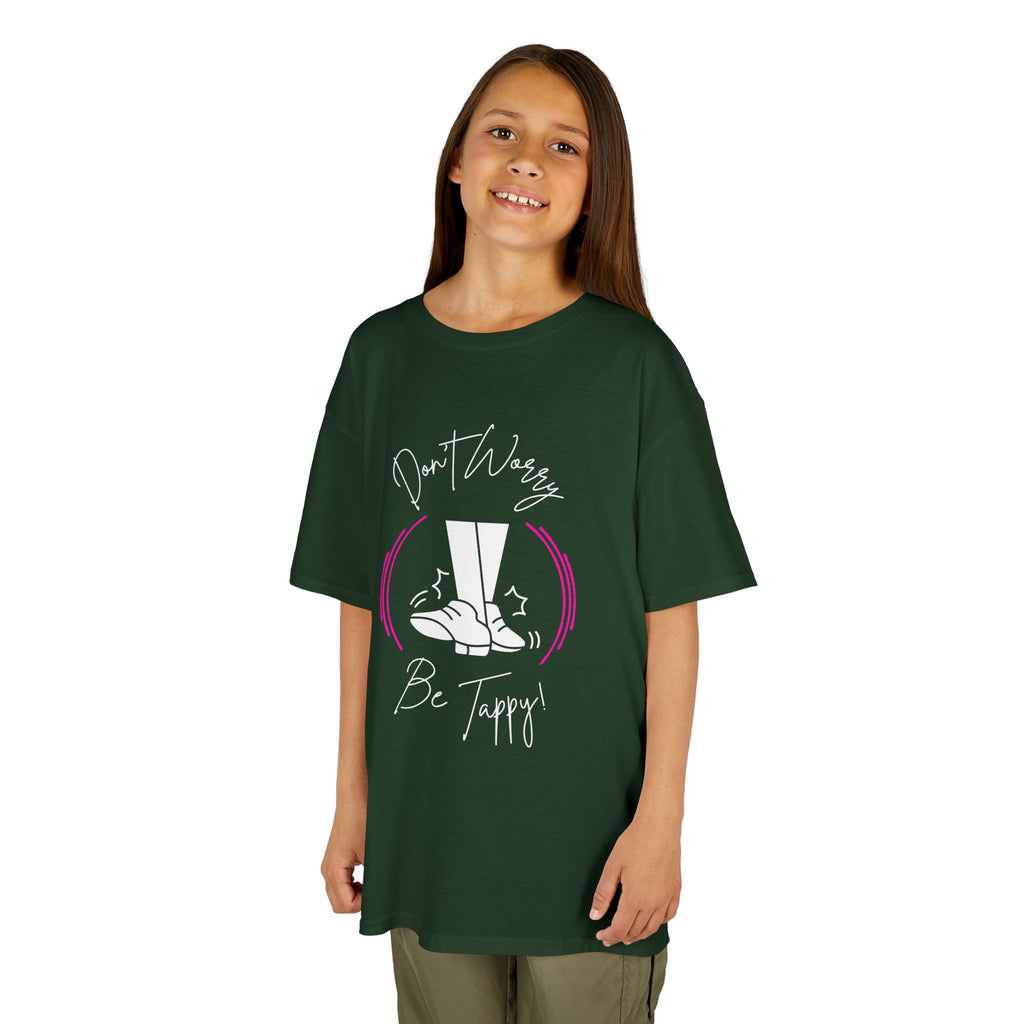 Young girl wearing a youth Gildan 5000B heavy cotton t-shirt in forest green with a Don't Worry Be Tappy Tap Shoe design