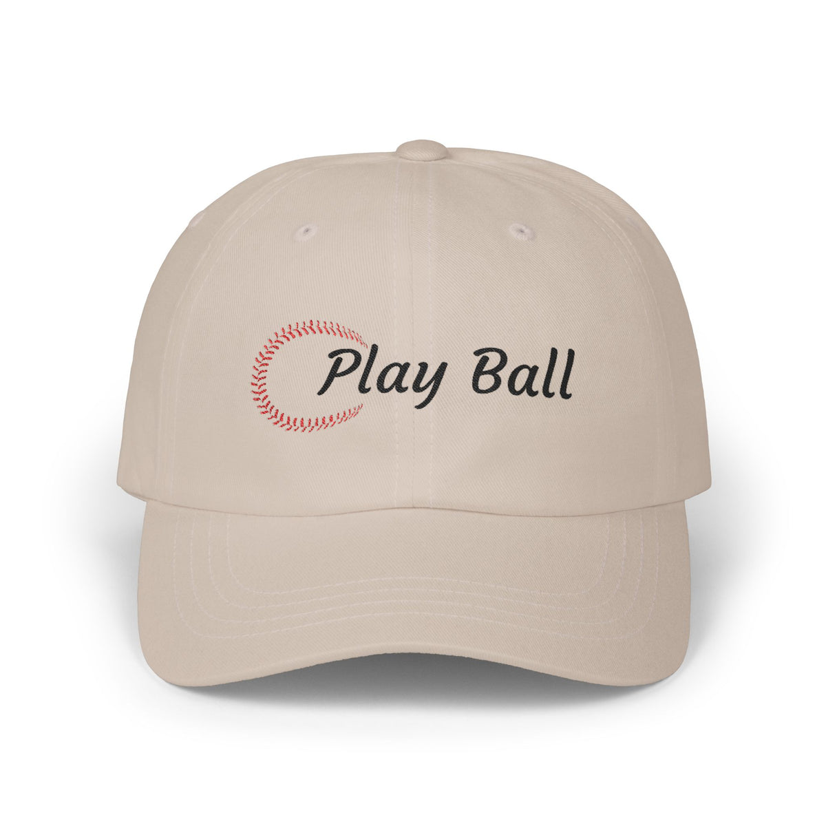 Stone embroidered classic dad cap hat with Play Ball text and baseball graphic Front view