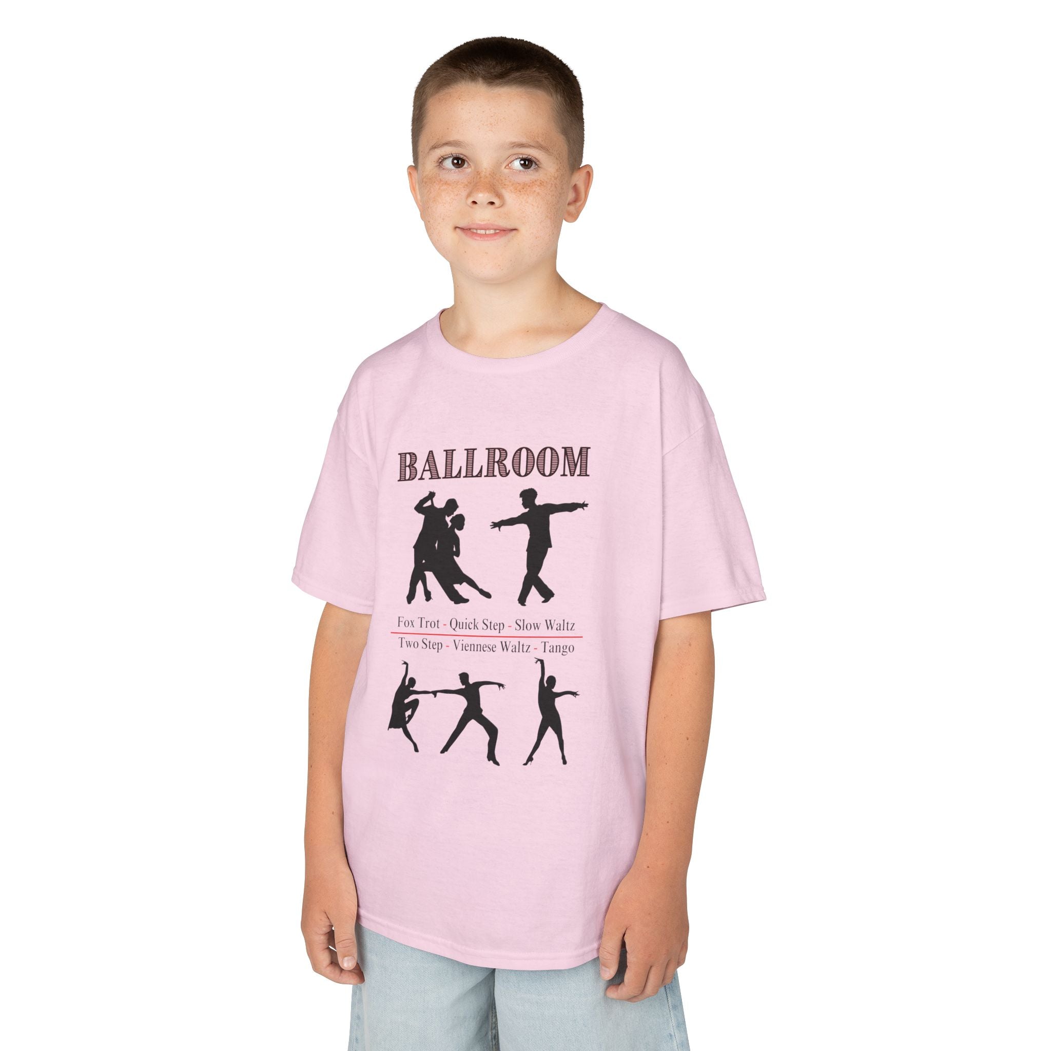 Young boy wearing a youth Gildan 5000B heavy cotton t-shirt in light pink with a Ballroom Dance Style theme