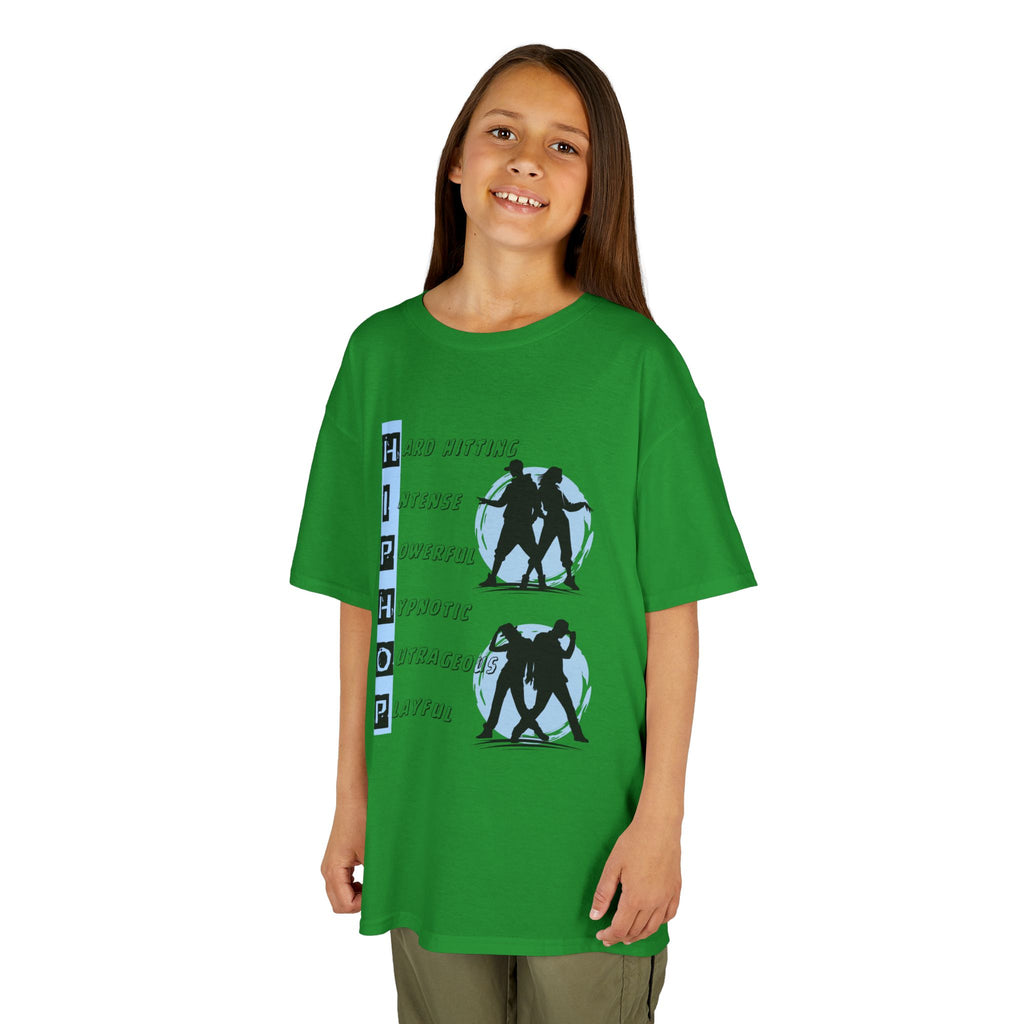 Young girl wearing a youth Gildan 5000B heavy cotton t-shirt in irish green with dancing Hip Hop Couples