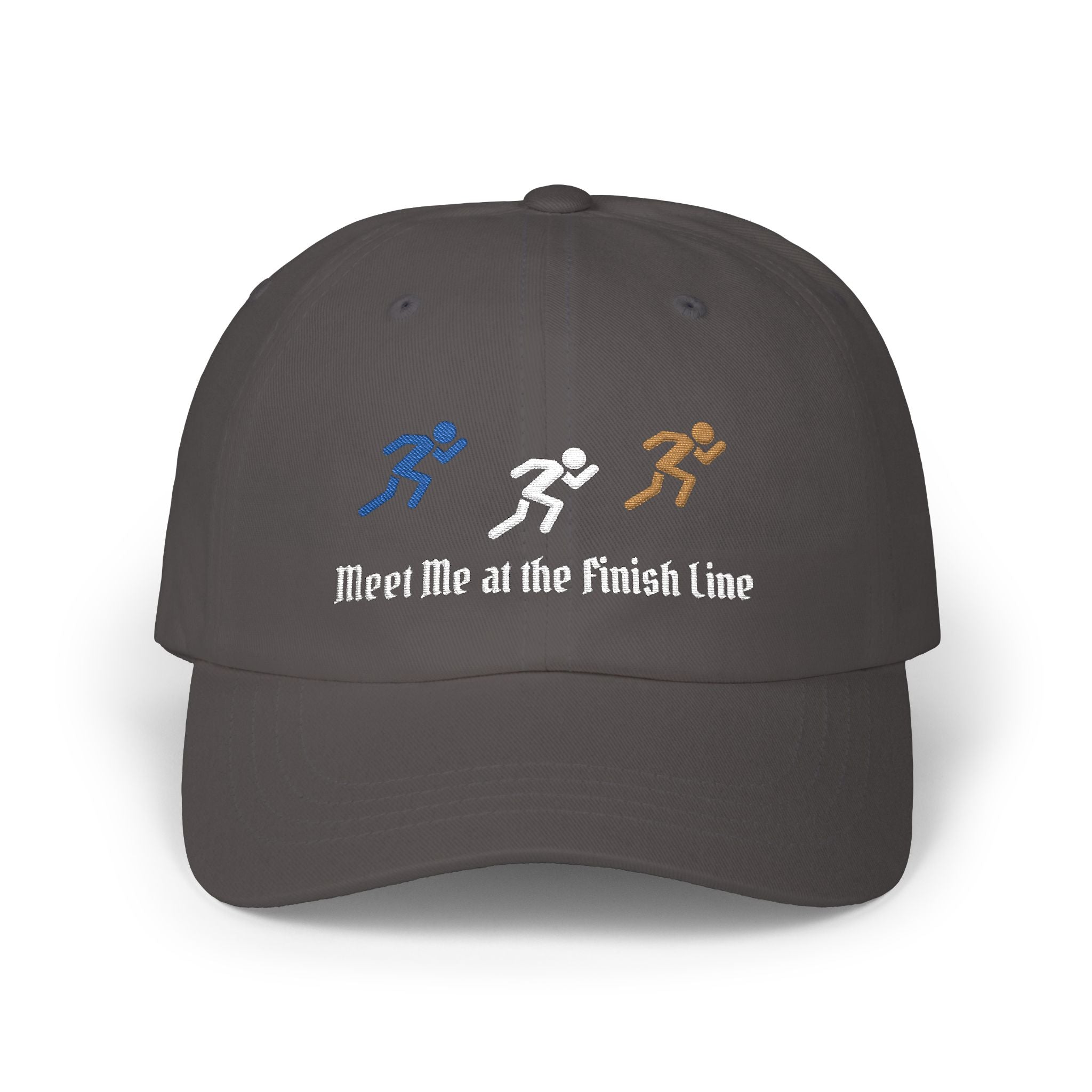 Dark grey embroidered classic dad cap hat with a Meet Me at the Finish Line text and graphic Front view