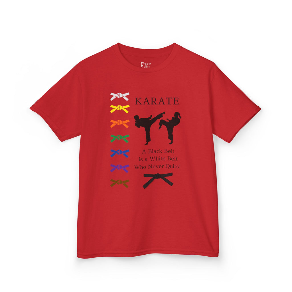 Front view of a youth Gildan 5000B heavy cotton t-shirt in red with a Karate text and graphic