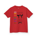Front view of a youth Gildan 5000B heavy cotton t-shirt in red with a Karate text and graphic