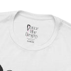 Close-up of a crewneck t-shirt showing the inner neck label with the Dance Vibe Designs logo above the care instructions.