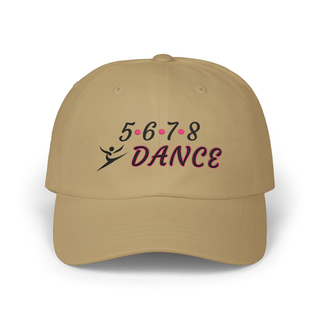Khaki embroidered classic dad cap hat with a 5 6 7 8 Dance text and graphic Front view