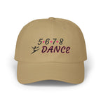 Khaki embroidered classic dad cap hat with a 5 6 7 8 Dance text and graphic Front view
