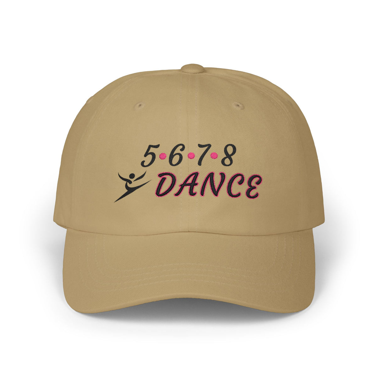 Khaki embroidered classic dad cap hat with a 5 6 7 8 Dance text and graphic Front view