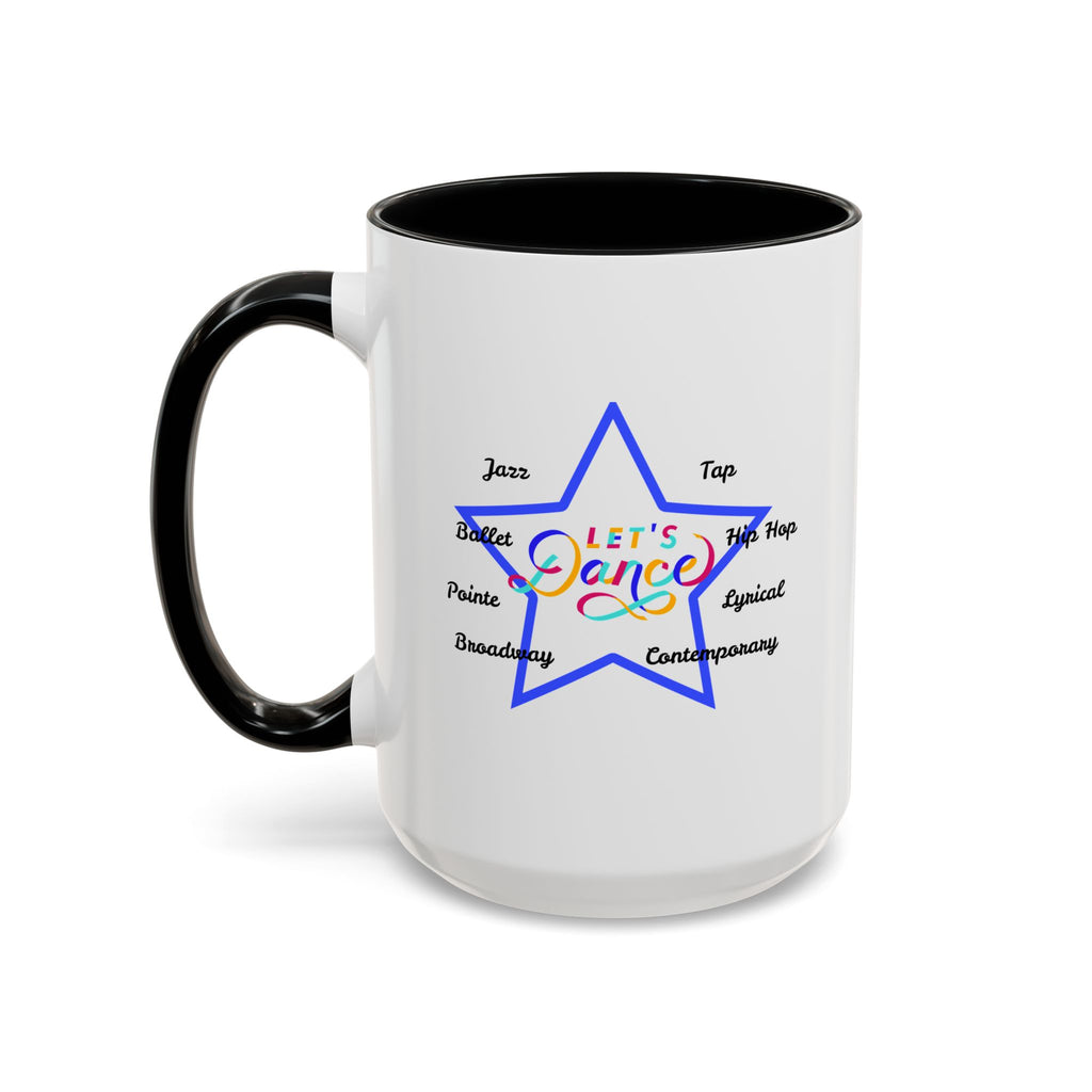 15oz white ceramic Let's Dance mug with black handle and interior Left handed view