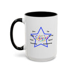 15oz white ceramic Let's Dance mug with black handle and interior Left handed view