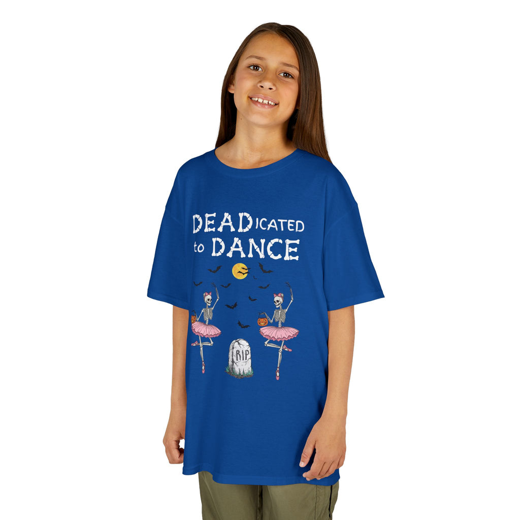 Young girl wearing a youth Gildan 5000B heavy cotton t-shirt in royal with a Deadicated to Dance Halloween theme