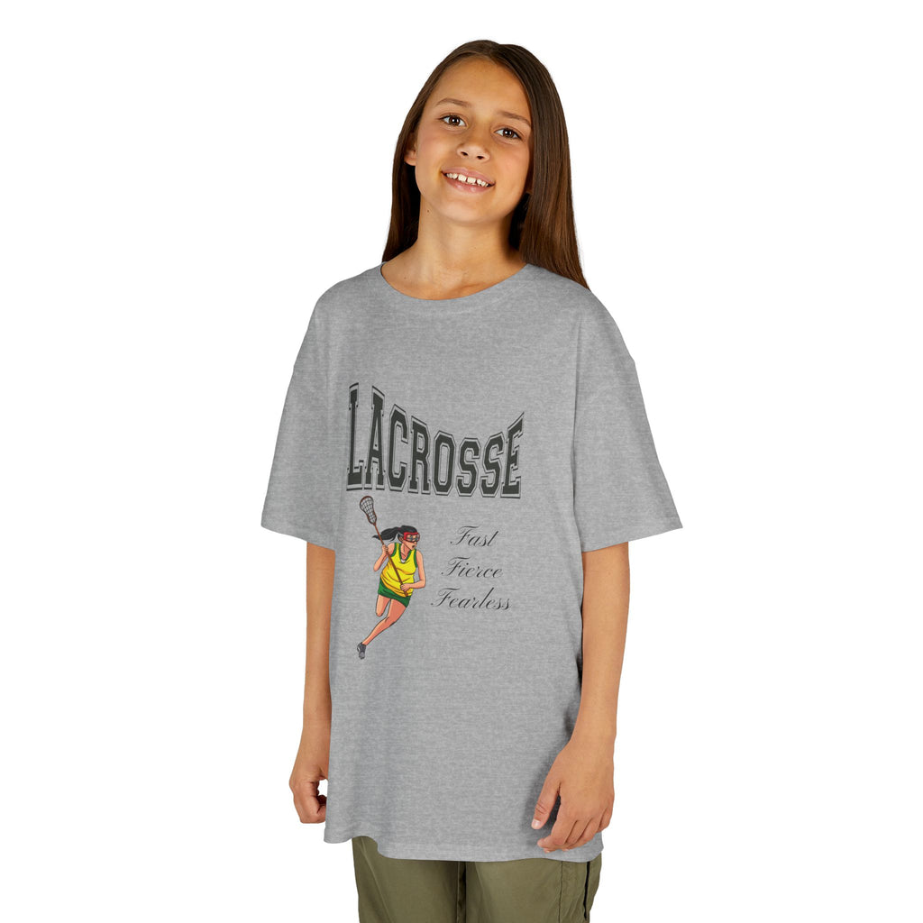 Front view of a youth Gildan 5000B heavy cotton t-shirt in sport grey with a Girls Lacrosse theme