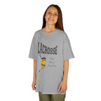 Front view of a youth Gildan 5000B heavy cotton t-shirt in sport grey with a Girls Lacrosse theme
