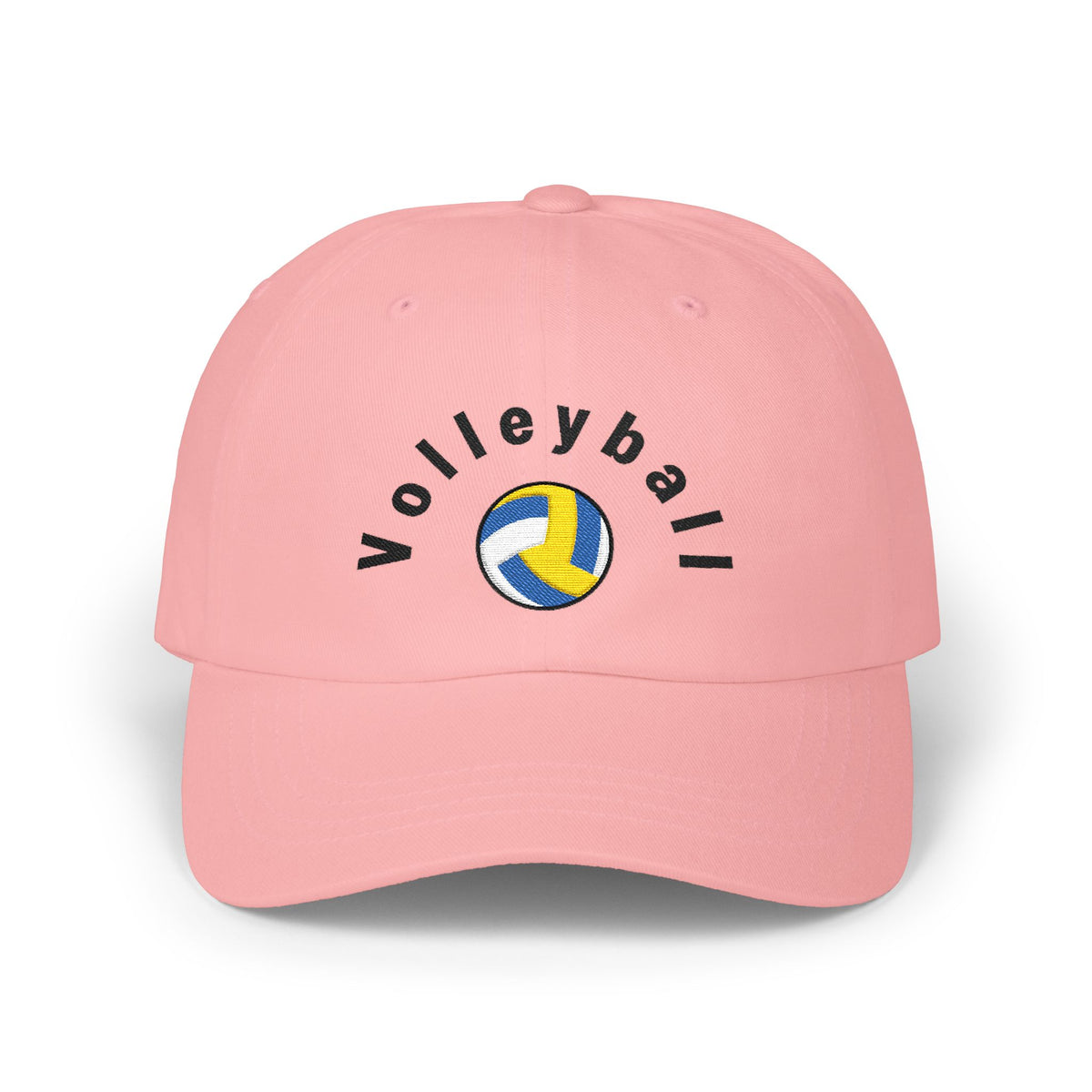 Pink embroidered classic dad cap hat with a Volleyball text and graphic Front view