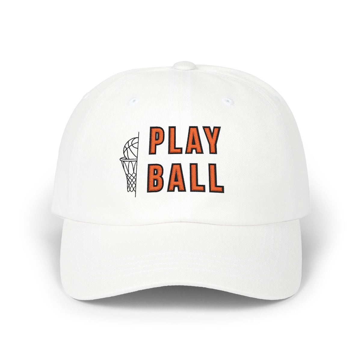 White embroidered classic dad cap hat with Play Ball text and basketball graphic Front view