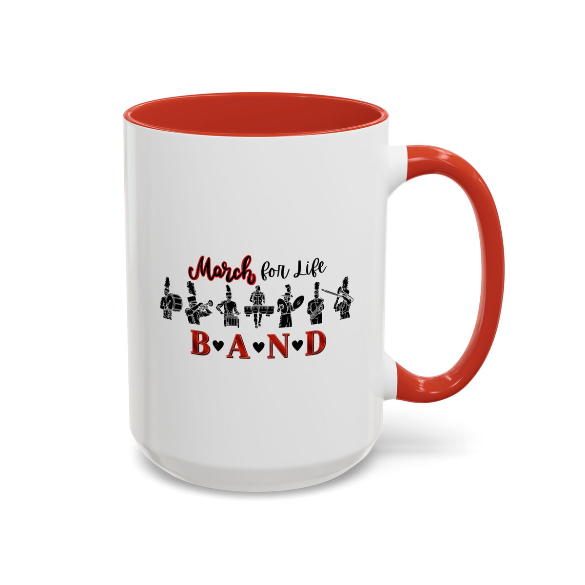 15oz white ceramic Marching Band mug with red handle and interior Right handed view