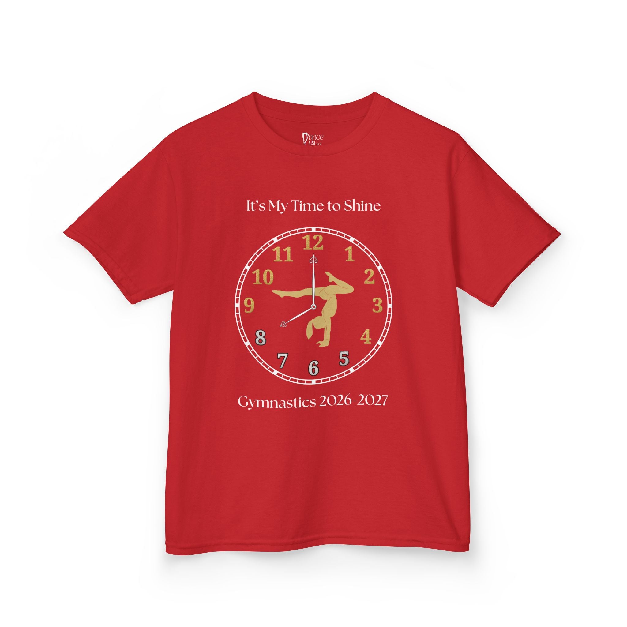 Front view of a youth Gildan 5000B heavy cotton t-shirt in red with an It's My Time to Shine Gymnastics 2026-2027 theme