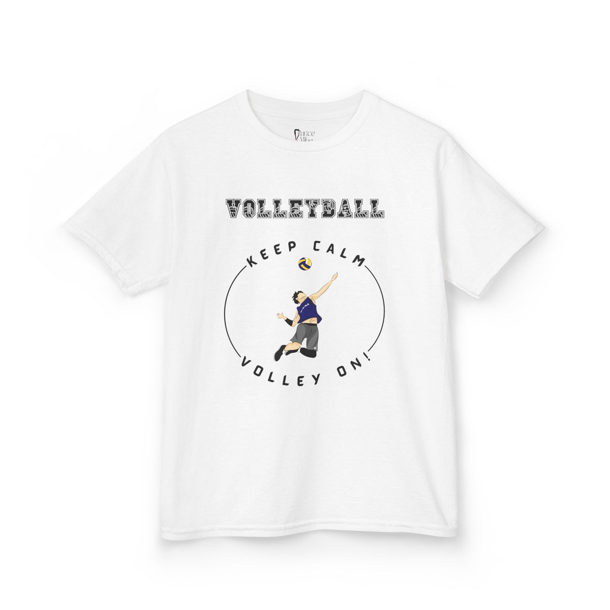 Front view of a youth Gildan 5000B heavy cotton t-shirt in white with a boy playing Volleyball