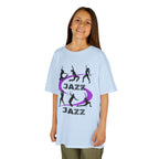 Young girl wearing a youth Gildan 5000B heavy cotton t-shirt in light blue with a Jazz Dance text and graphic
