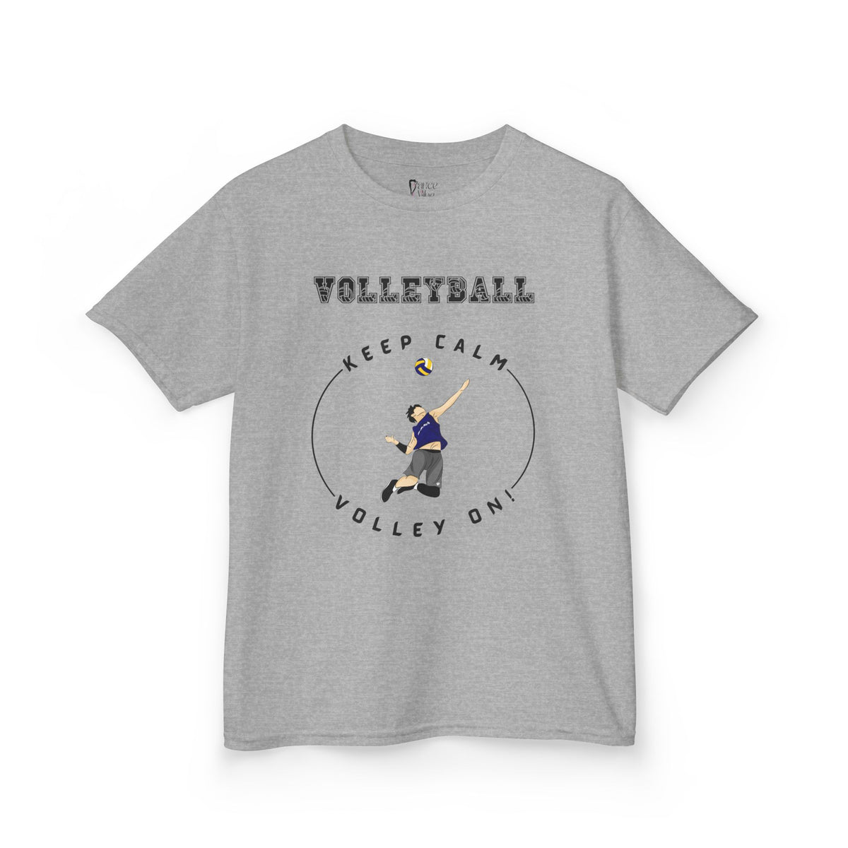 Front view of a youth Gildan 5000B heavy cotton t-shirt in sport grey with a boy playing Volleyball