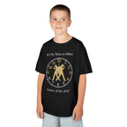 Young boy wearing a youth Gildan 5000B heavy cotton t-shirt in black with an It's My Time to Shine Hip Hop 2026-2027 theme
