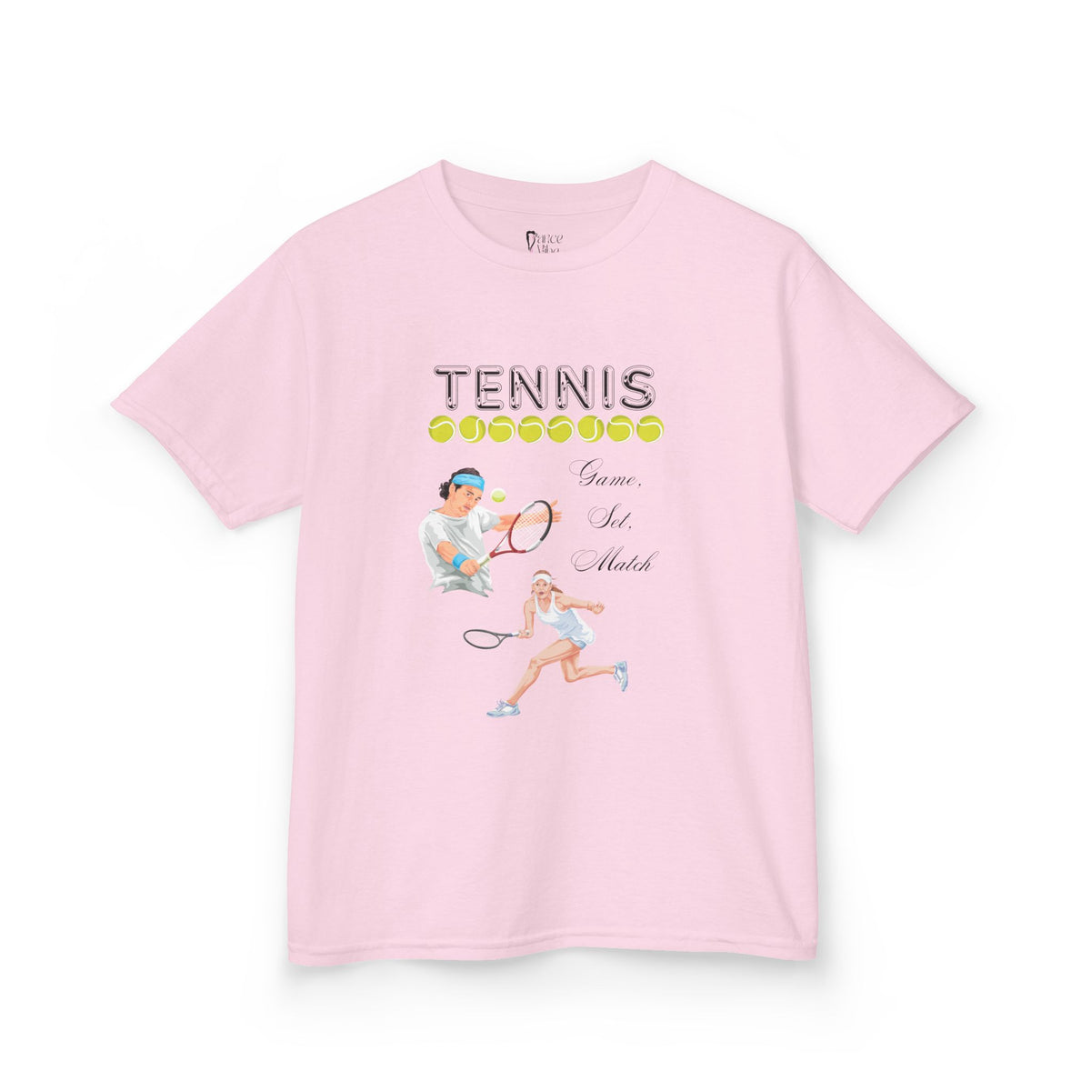 Front view of a youth Gildan 5000B heavy cotton t-shirt in light pink with a Tennis text and graphic