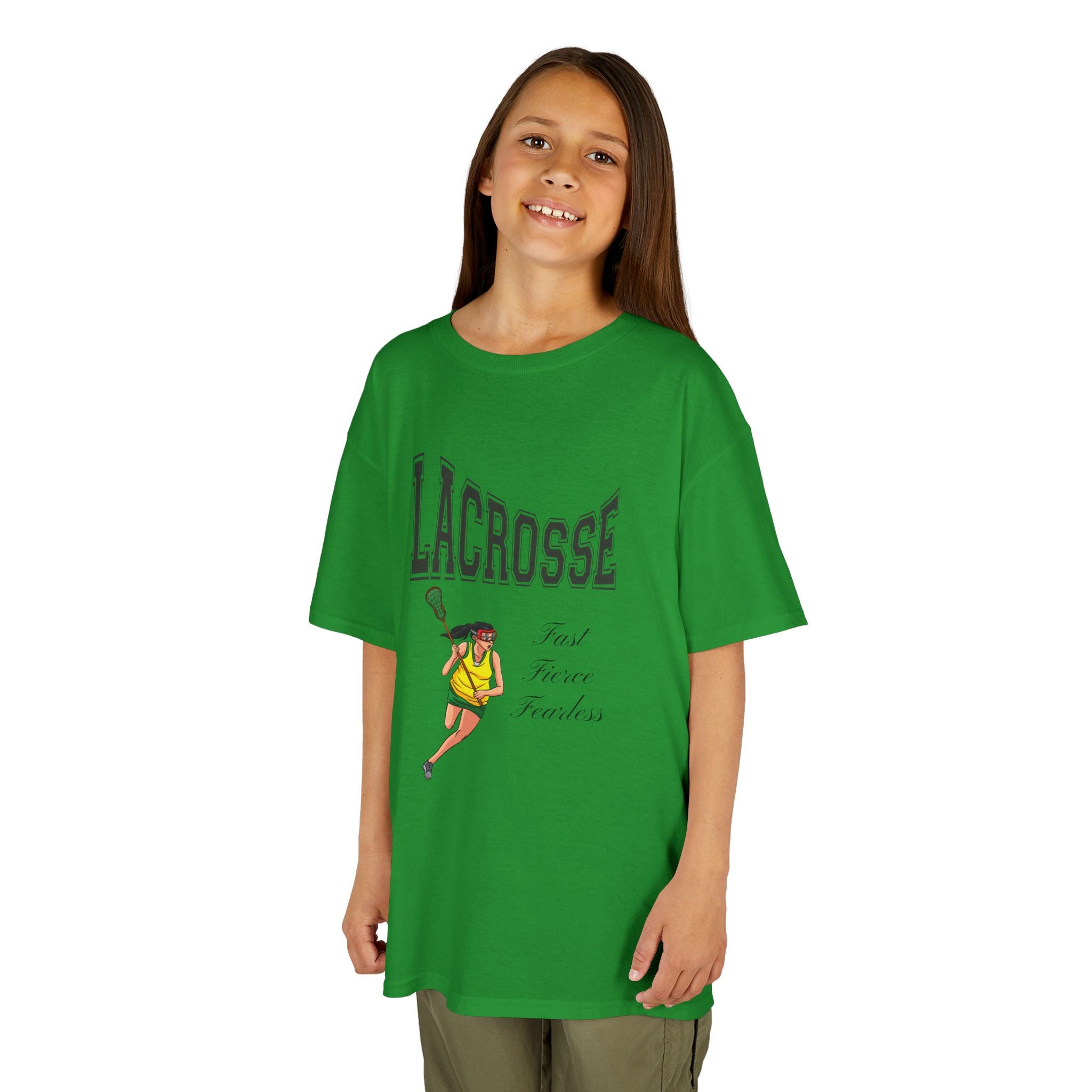 Front view of a youth Gildan 5000B heavy cotton t-shirt in irish green with a Girls Lacrosse theme