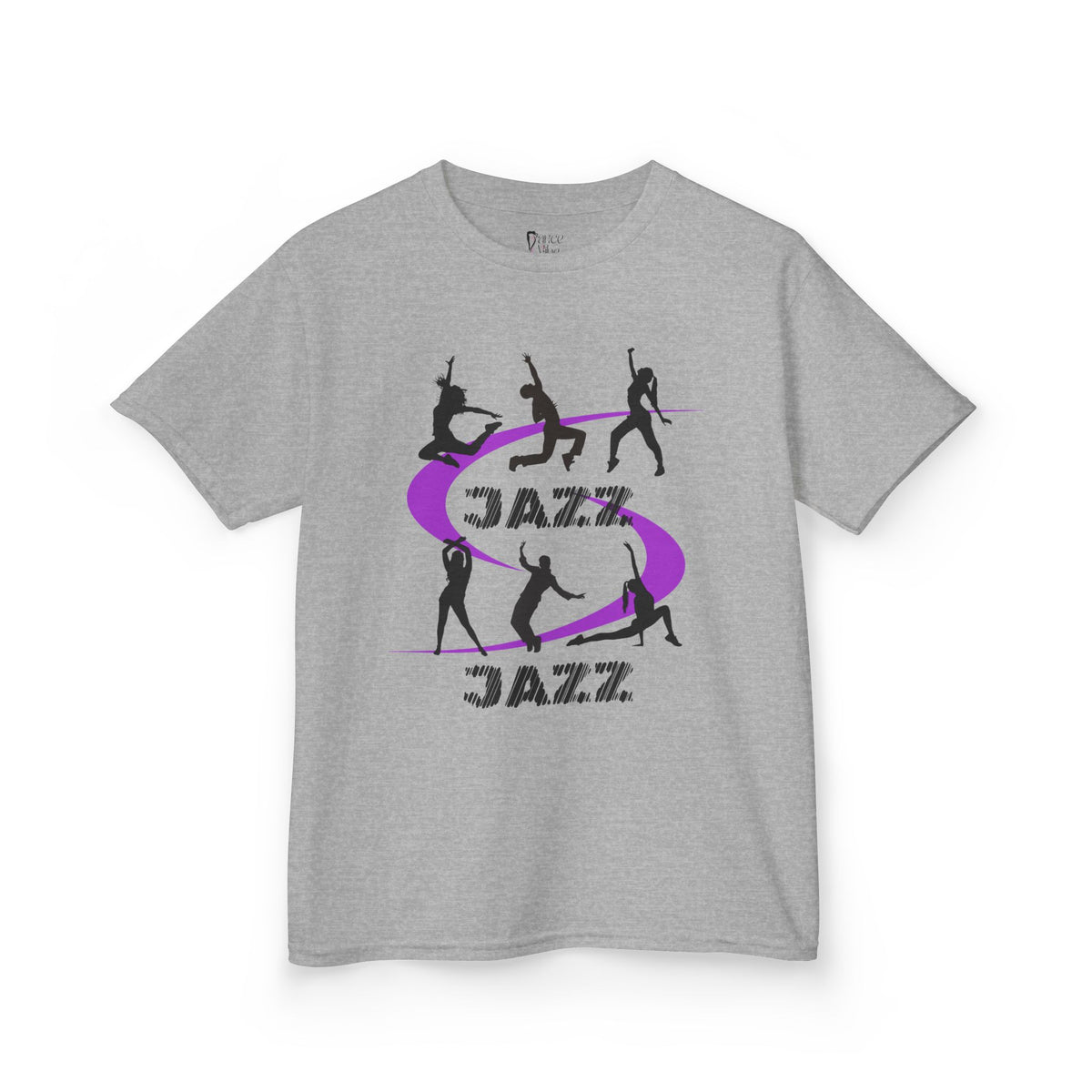 Front view of a youth Gildan 5000B heavy cotton t-shirt in sport grey with a Jazz Dance text and graphic