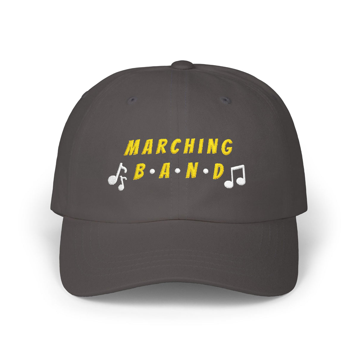 Dark grey cap with MARCHING BAND text and musical notes.