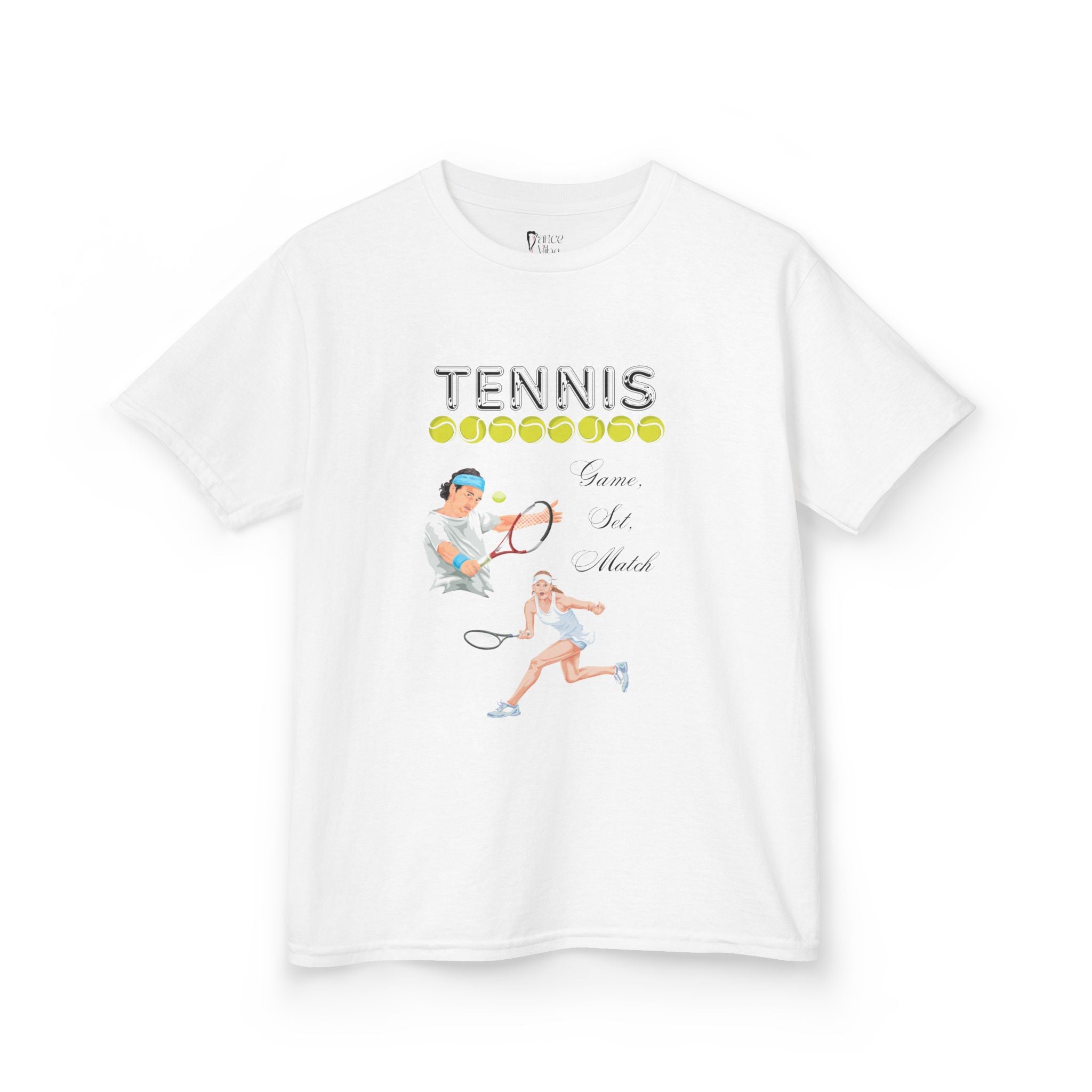 Front view of a youth Gildan 5000B heavy cotton t-shirt in white with a Tennis text and graphic