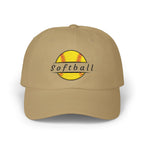 Khaki embroidered classic dad cap hat with a Softball text and graphic Front view