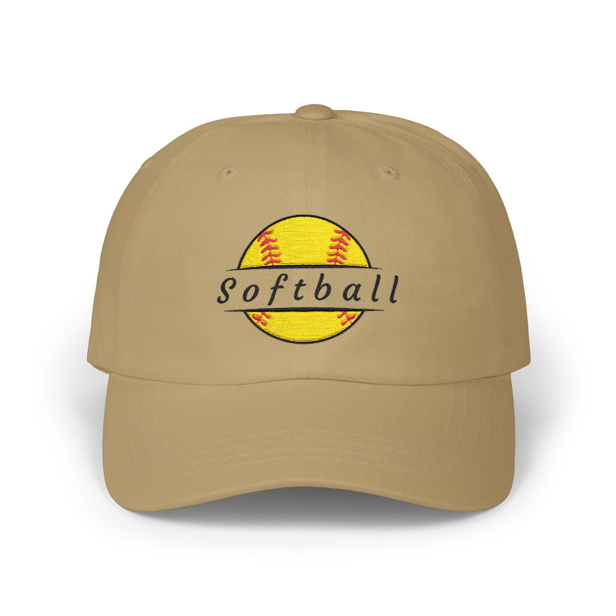 Khaki embroidered classic dad cap hat with a Softball text and graphic Front view