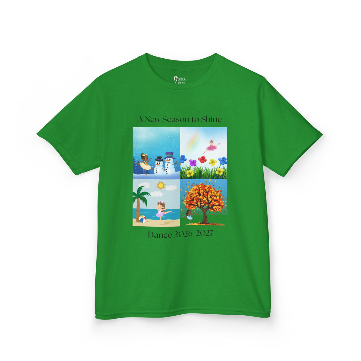 Front view of a youth Gildan 5000B heavy cotton t-shirt in irish green with an A New Season to Shine Dance 2026-2027 theme