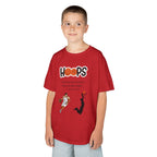 Young boy wearing a youth Gildan 5000B heavy cotton t-shirt in red with a Boys Basketball theme