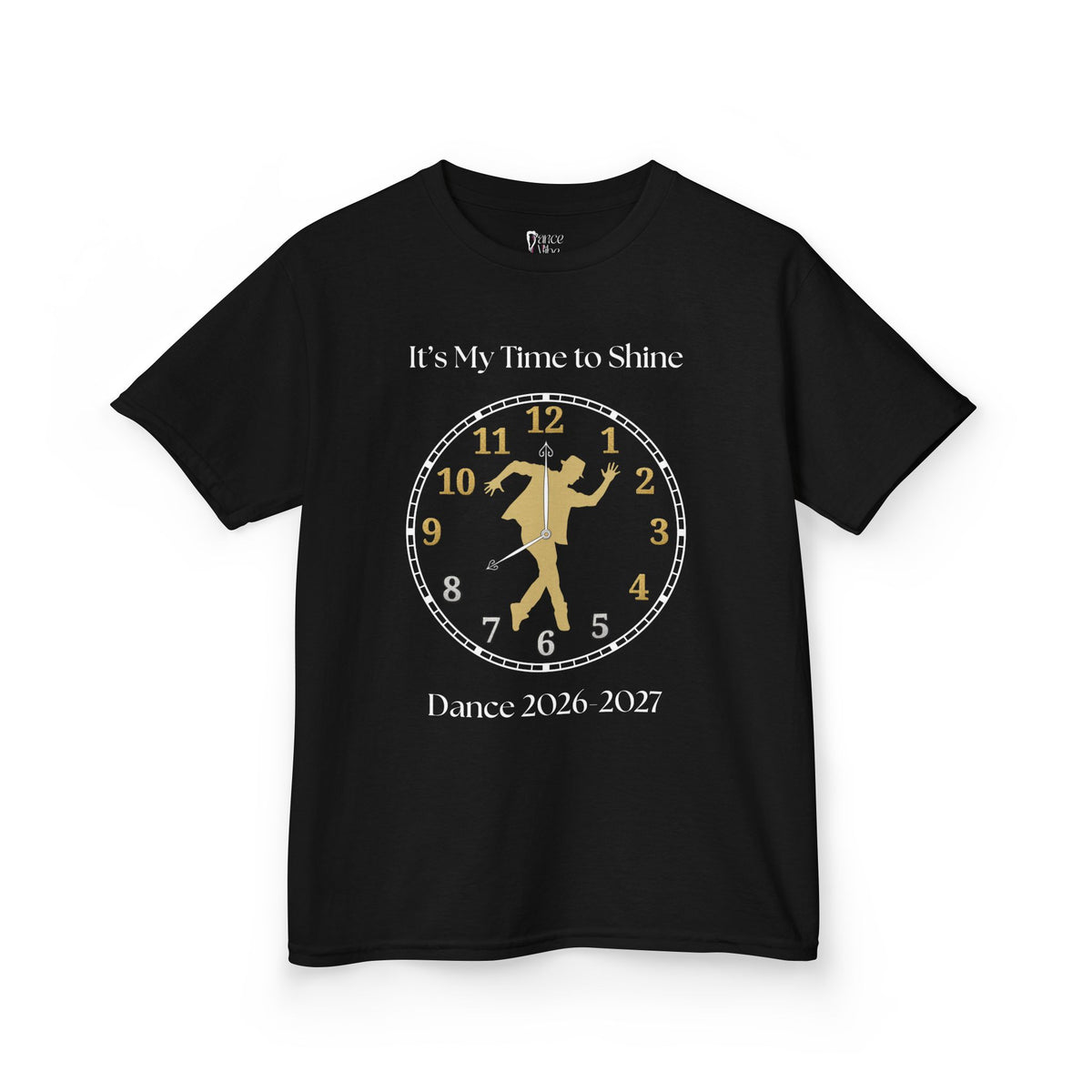 Front view of a youth Gildan 5000B heavy cotton t-shirt in black with a Male Broadway Dancer 2026-2027 design