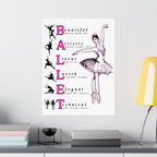 Ballet poster wall art with a ballerina Illustration and ballet-related words with white background on a bedroom wall Size 18x24