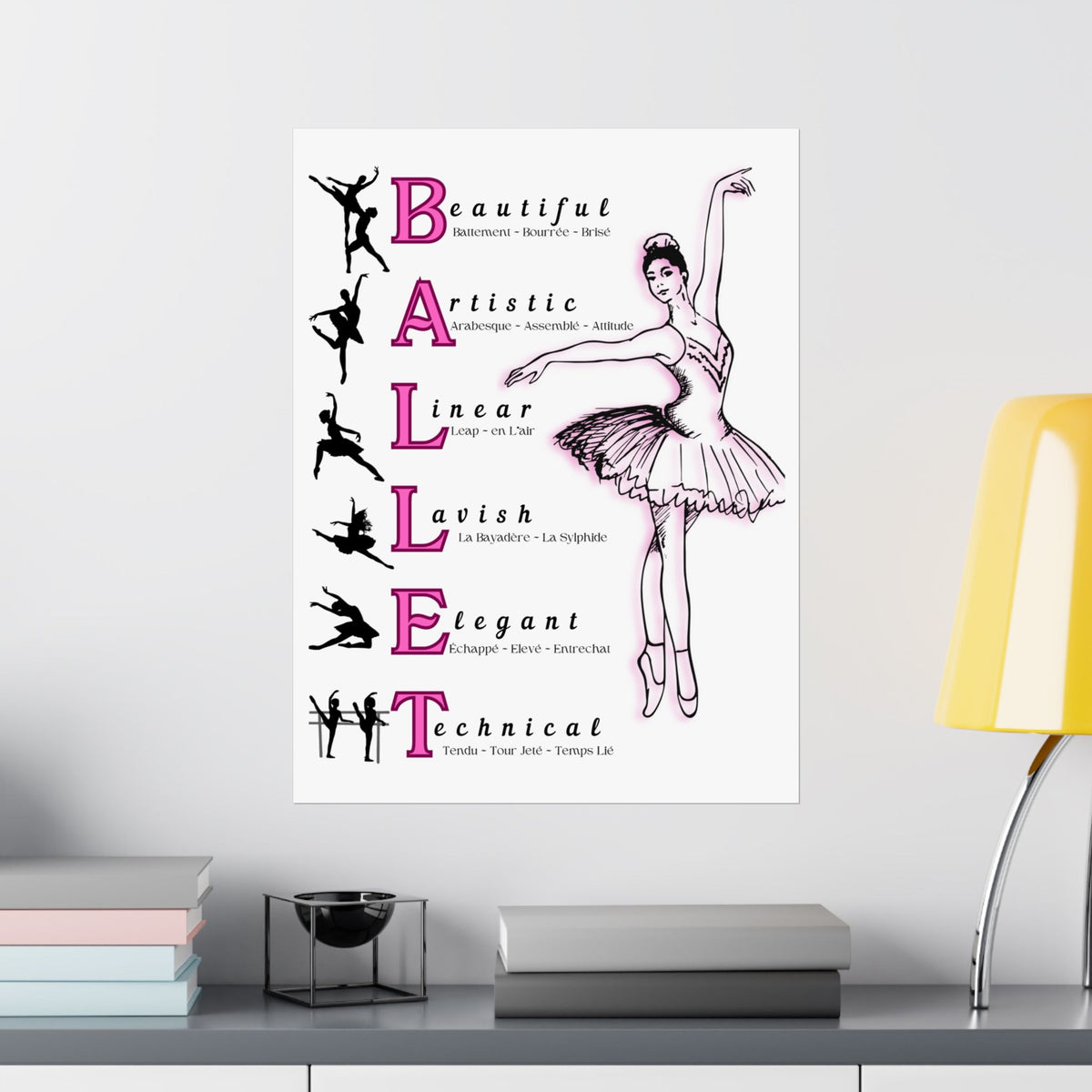 Ballet poster wall art with a ballerina Illustration and ballet-related words with white background on a bedroom wall Size 18x24