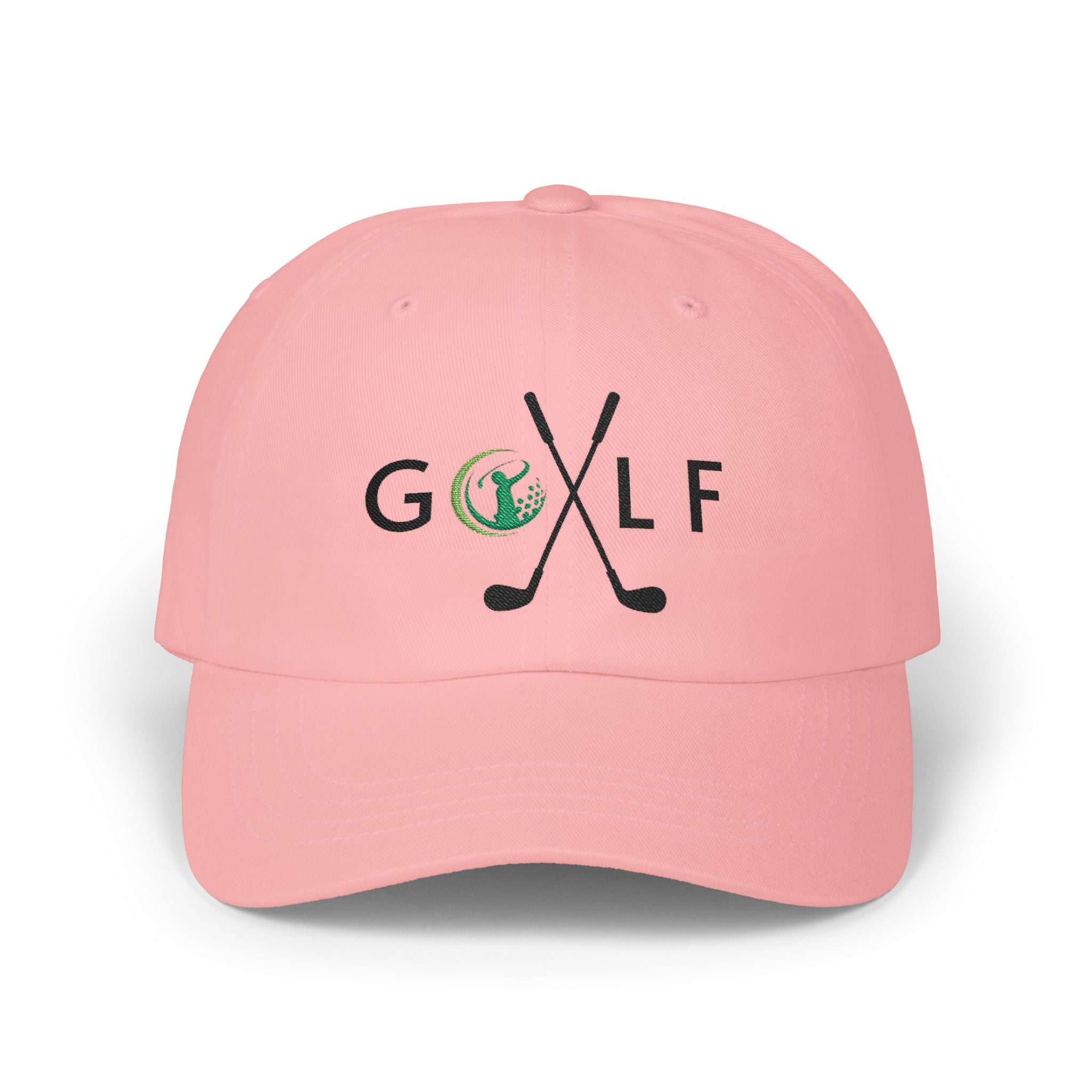 Pink embroidered classic dad cap hat with a Golf text and graphic Front view