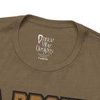 Close-up of a heather olive crewneck t-shirt's inner neck label printed with the brand Dance Vibe Designs logo above the care instructions.