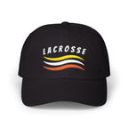 Black cap with a Lacrosse text and colorful design embroidered on the front. 