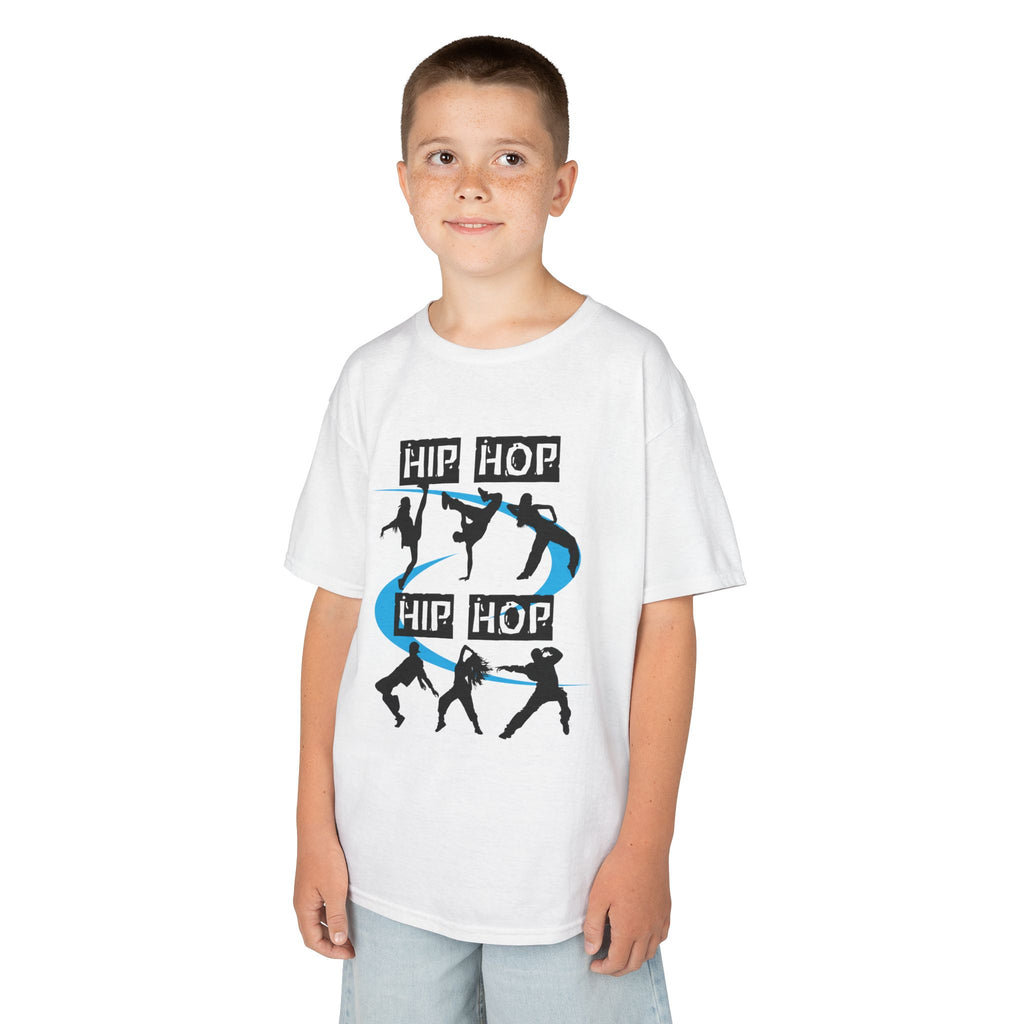 Young boy wearing a youth Gildan 5000B heavy cotton t-shirt in white with a Hip Hop text and dancers